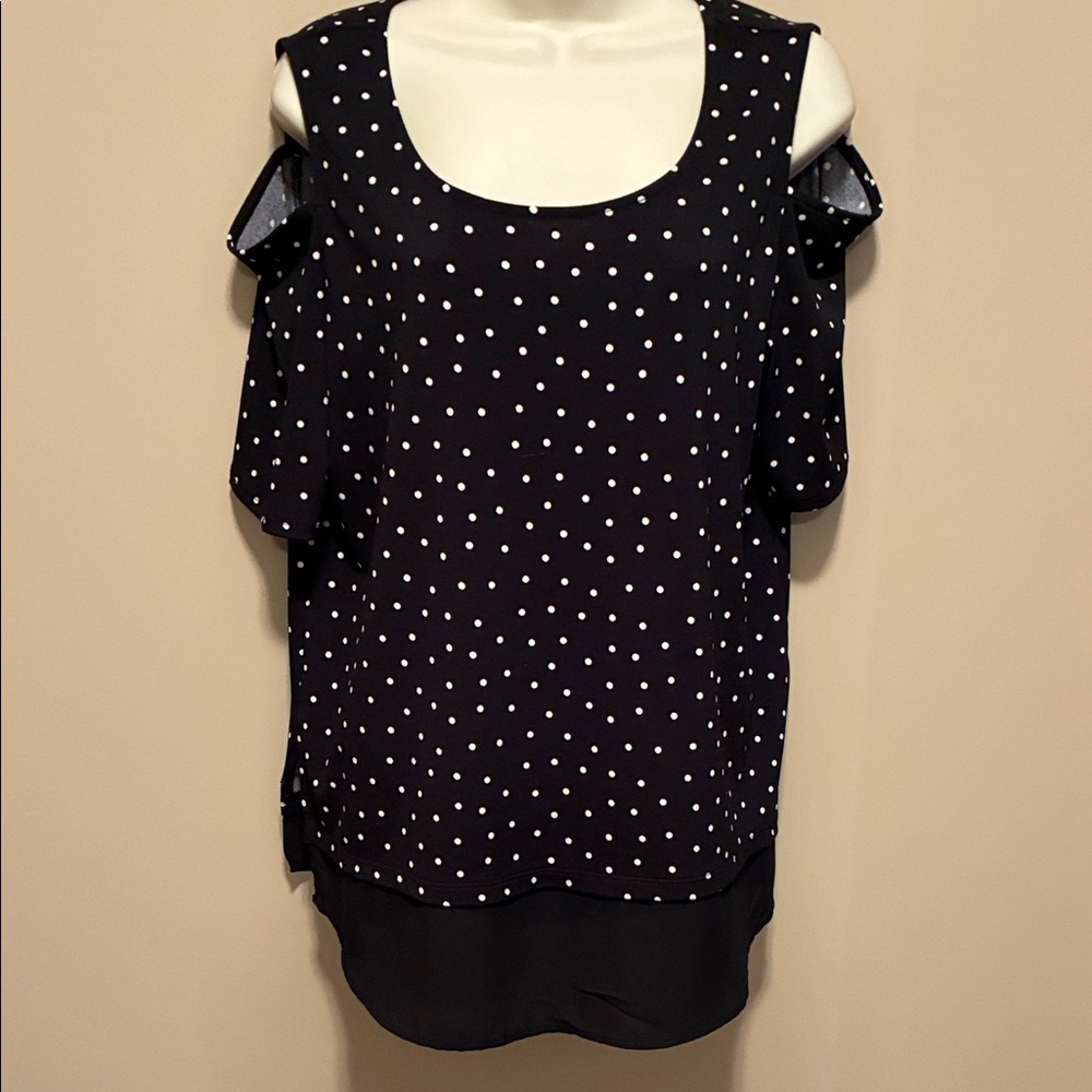 Adrianna Papell black Polka Dot Cold Shoulder Blouse